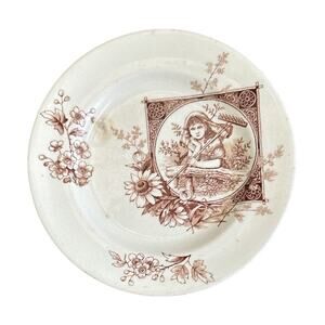 Rare Vintage British Aesthetic Brown Transfer Ware Girl with Rake 8.5” Plate